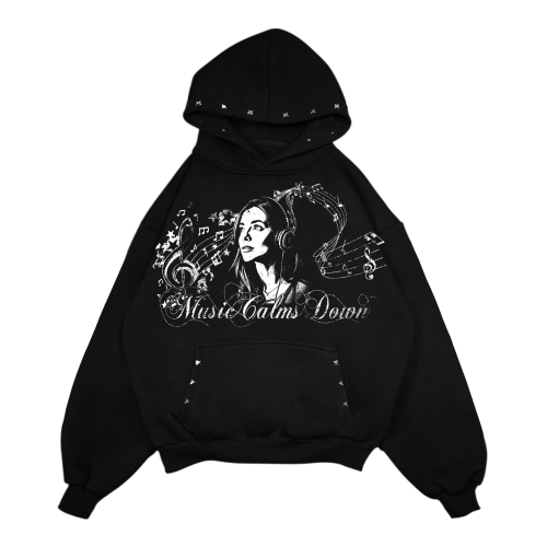 music calms down black hoodiee.png