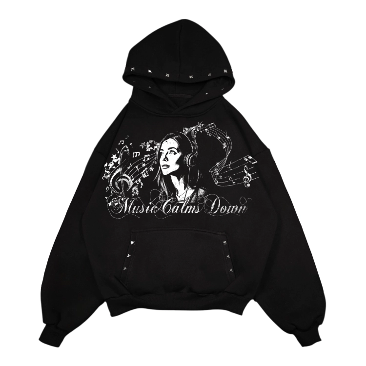 music calms down black hoodiee.png